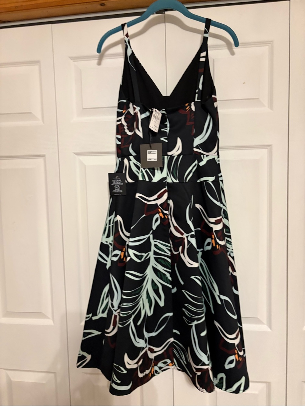 Black Midi Dress with Mint Leaf Print and V-Neck